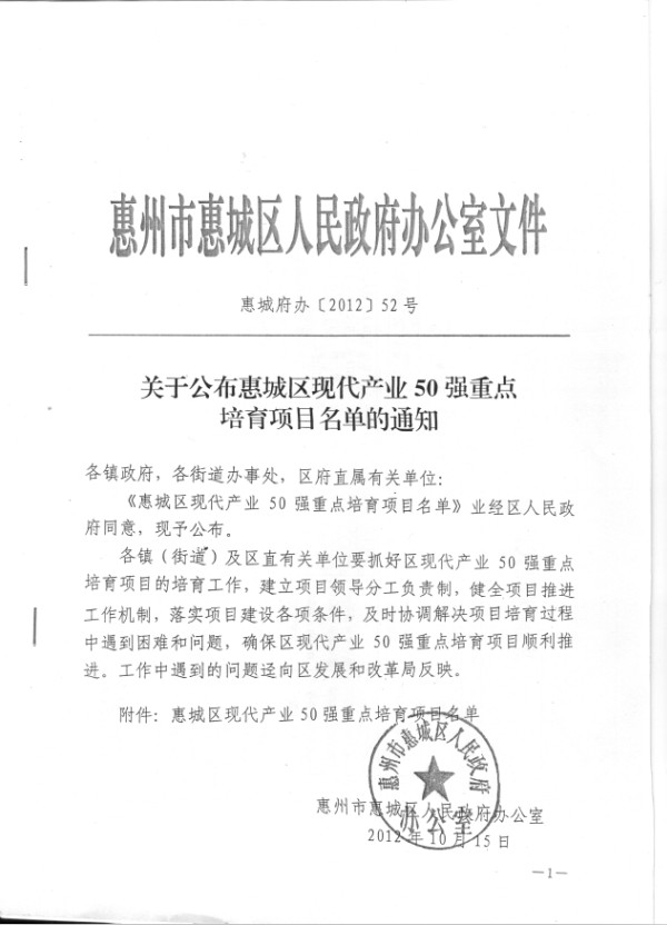 公司榮獲惠城區現代產業50強重點培育項目